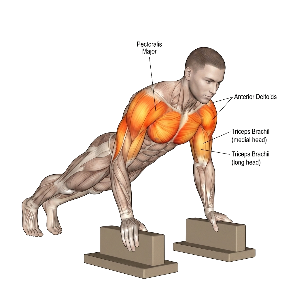 Deficit push-up (elevated handles) anatomy diagram.