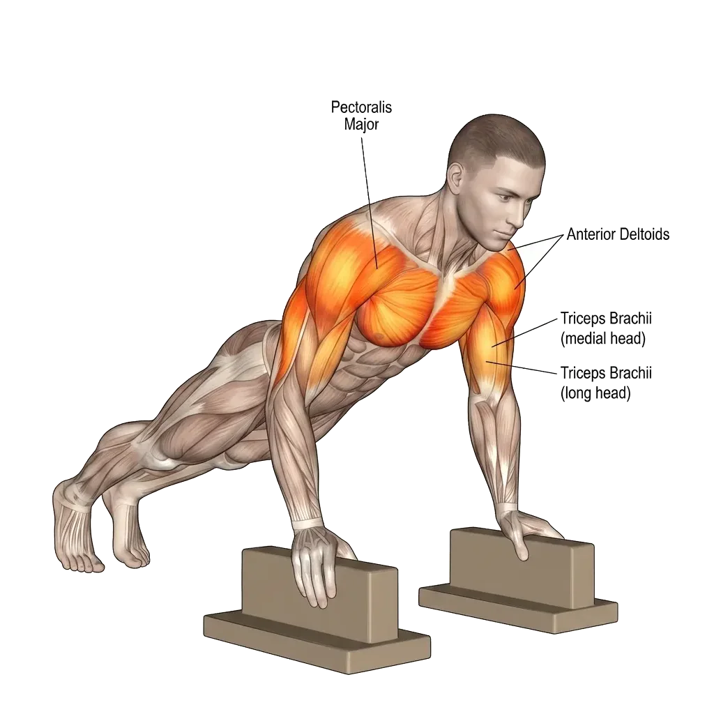 Deficit push-up (elevated handles) 5-frame range-of-motion animation