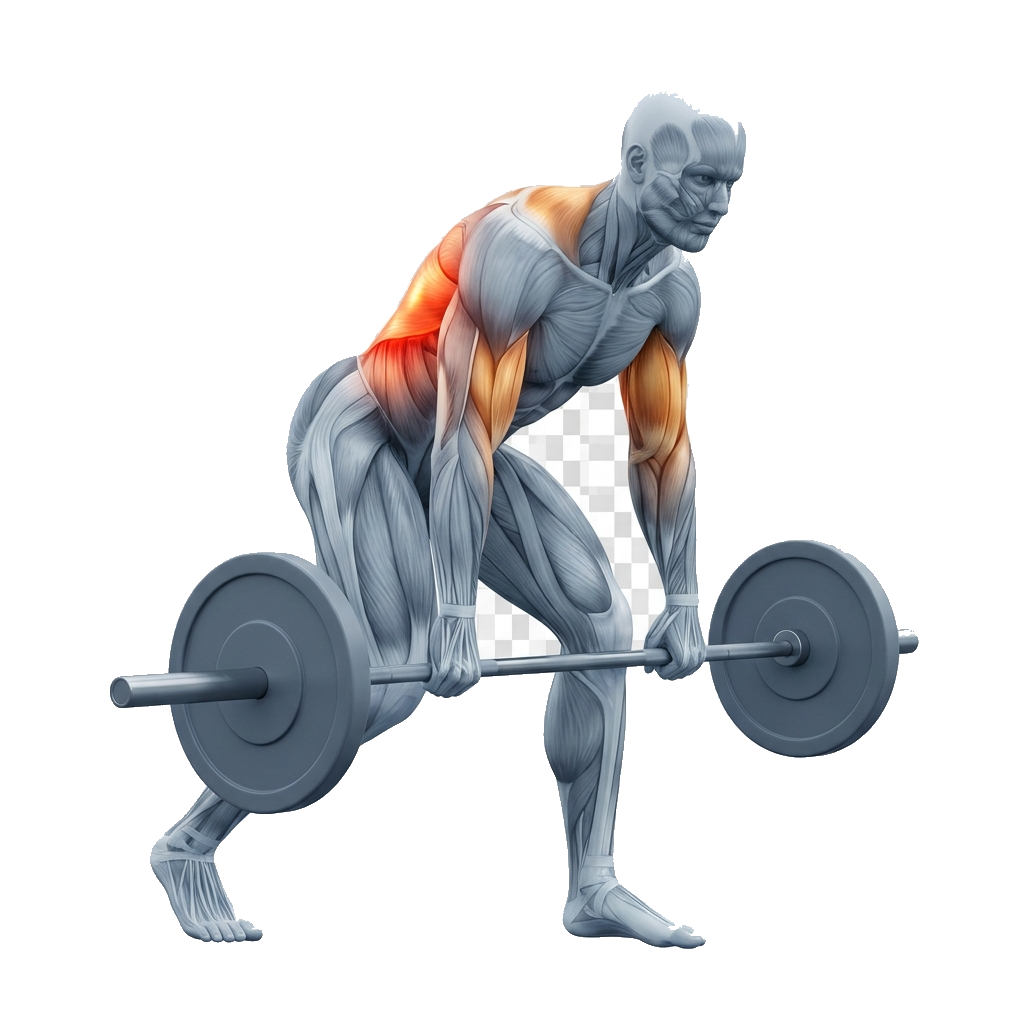 Split-stance dumbbell lat row anatomy diagram.