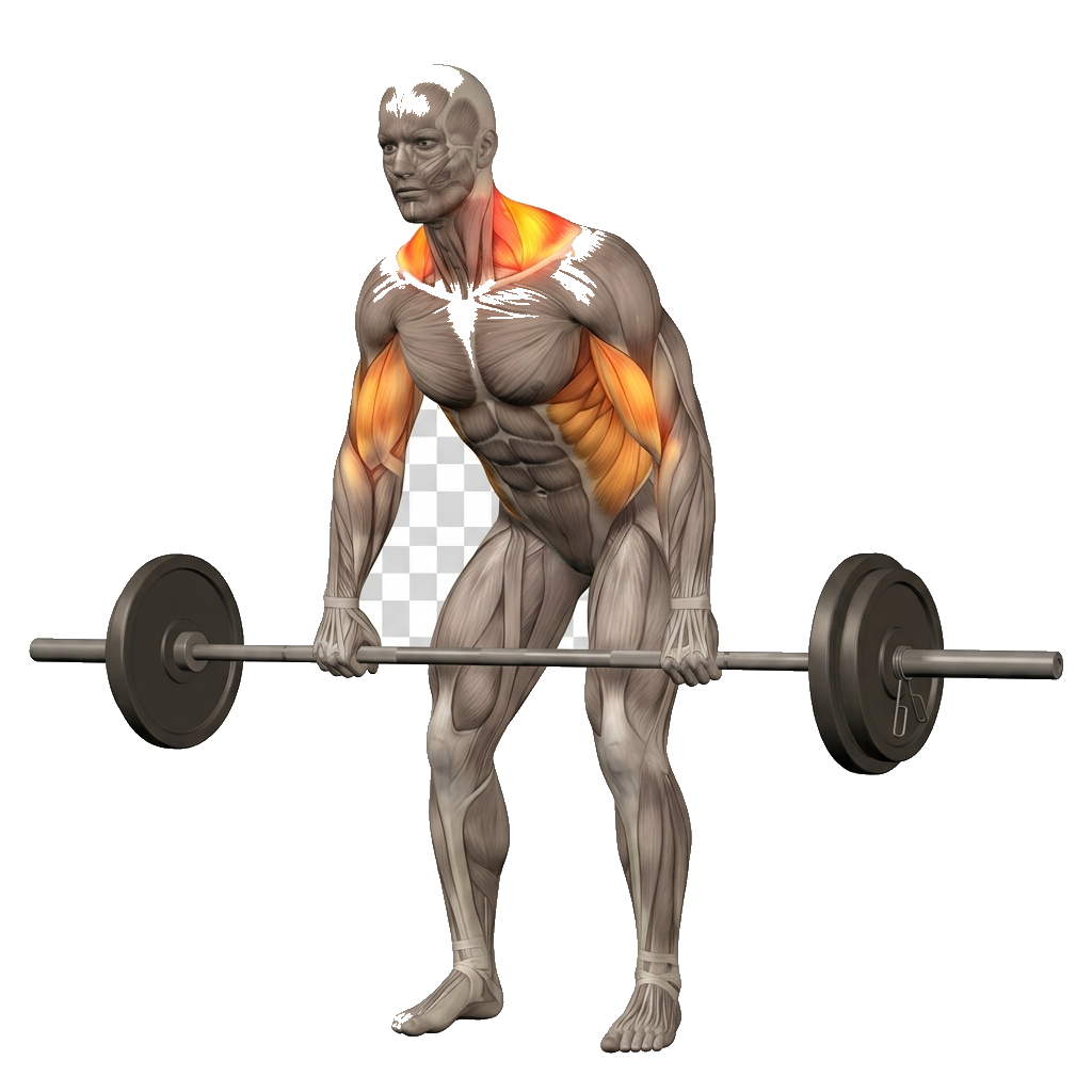 Kirk shrug (BB row + shrug) anatomy diagram.
