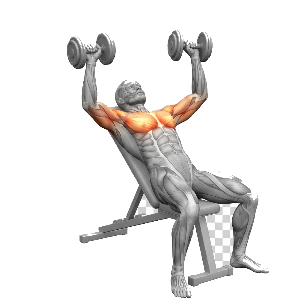 Low-incline dumbbell press anatomy diagram.