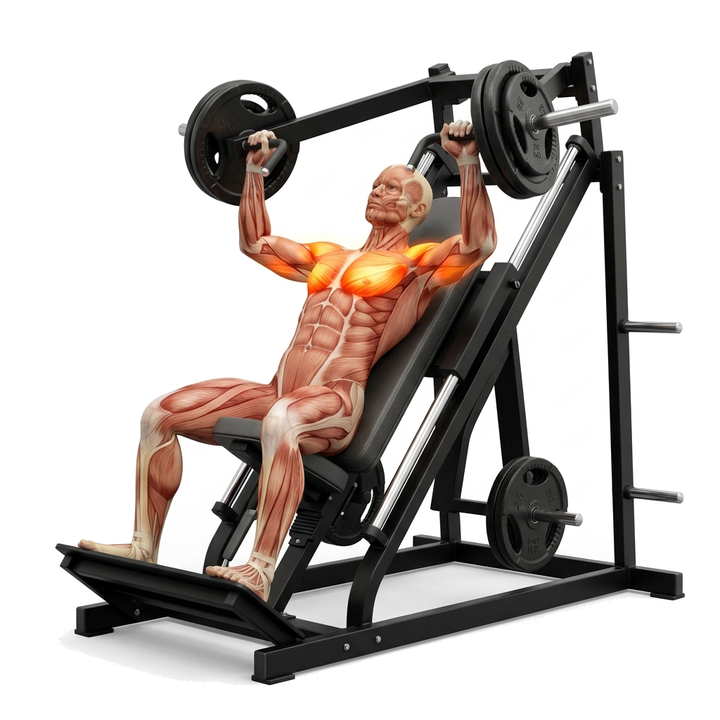 Plate-loaded incline press anatomy diagram.