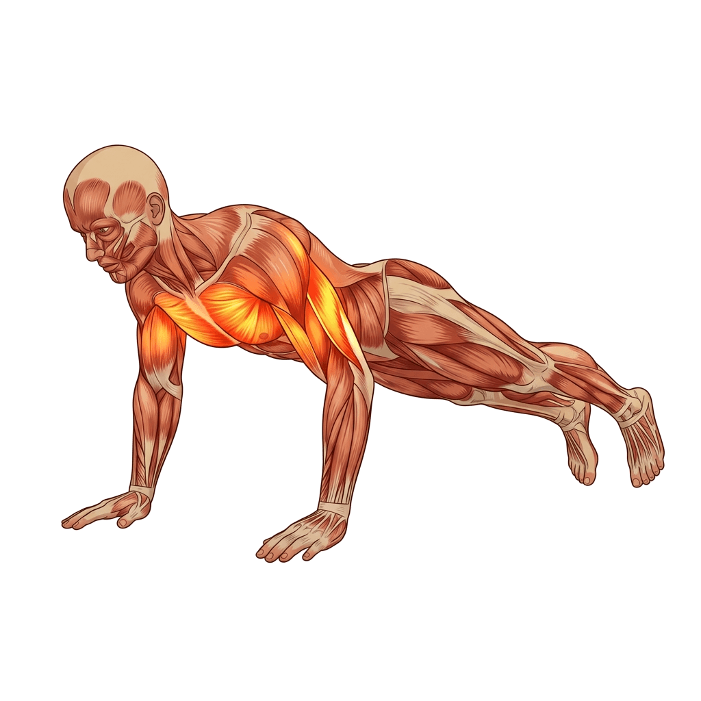Plyometric push-up anatomy diagram.