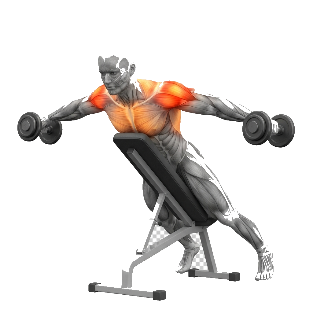 Rear-delt DB fly (chest-supported) anatomy diagram.