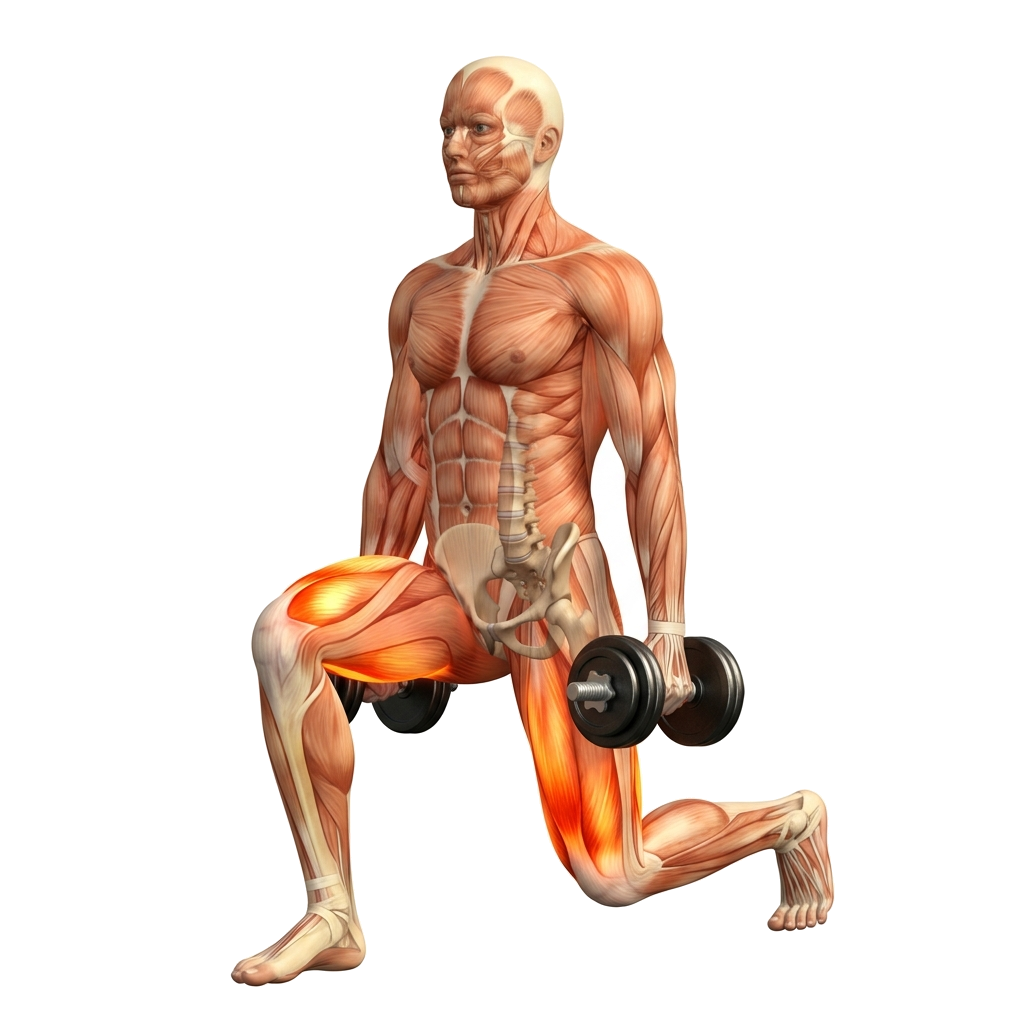 Reverse lunge (DB) anatomy diagram.