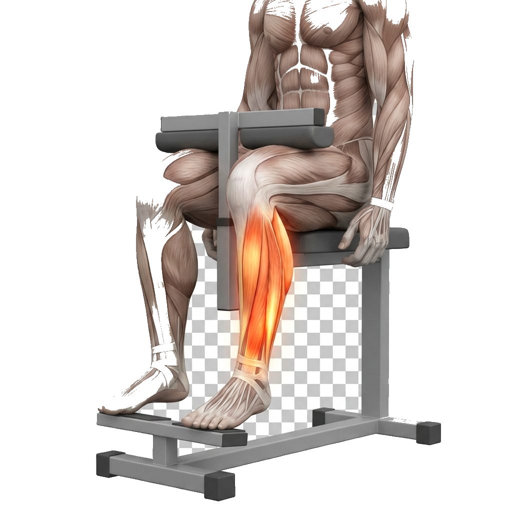 Seated calf raise (soleus) anatomy diagram.