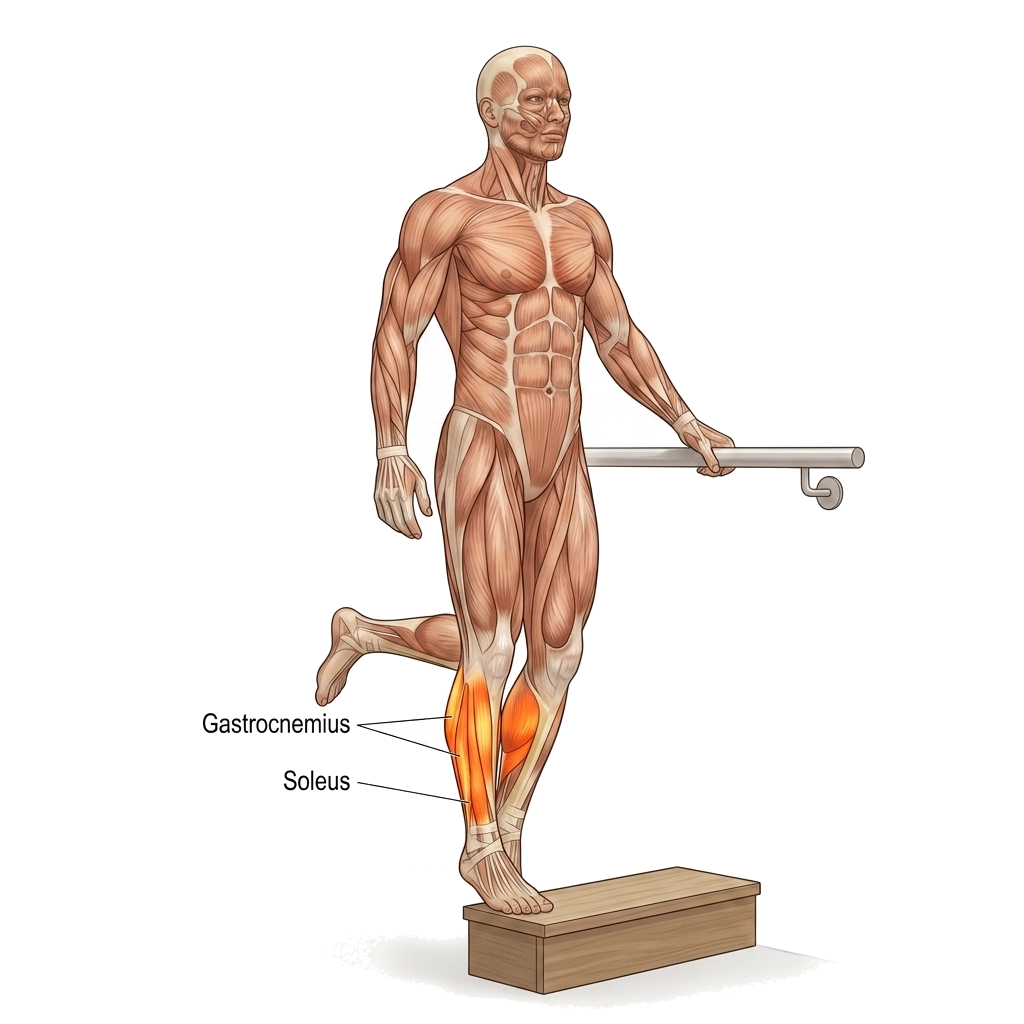 Single-leg calf raise (BW, full ROM, 3 s eccentric) anatomy diagram.