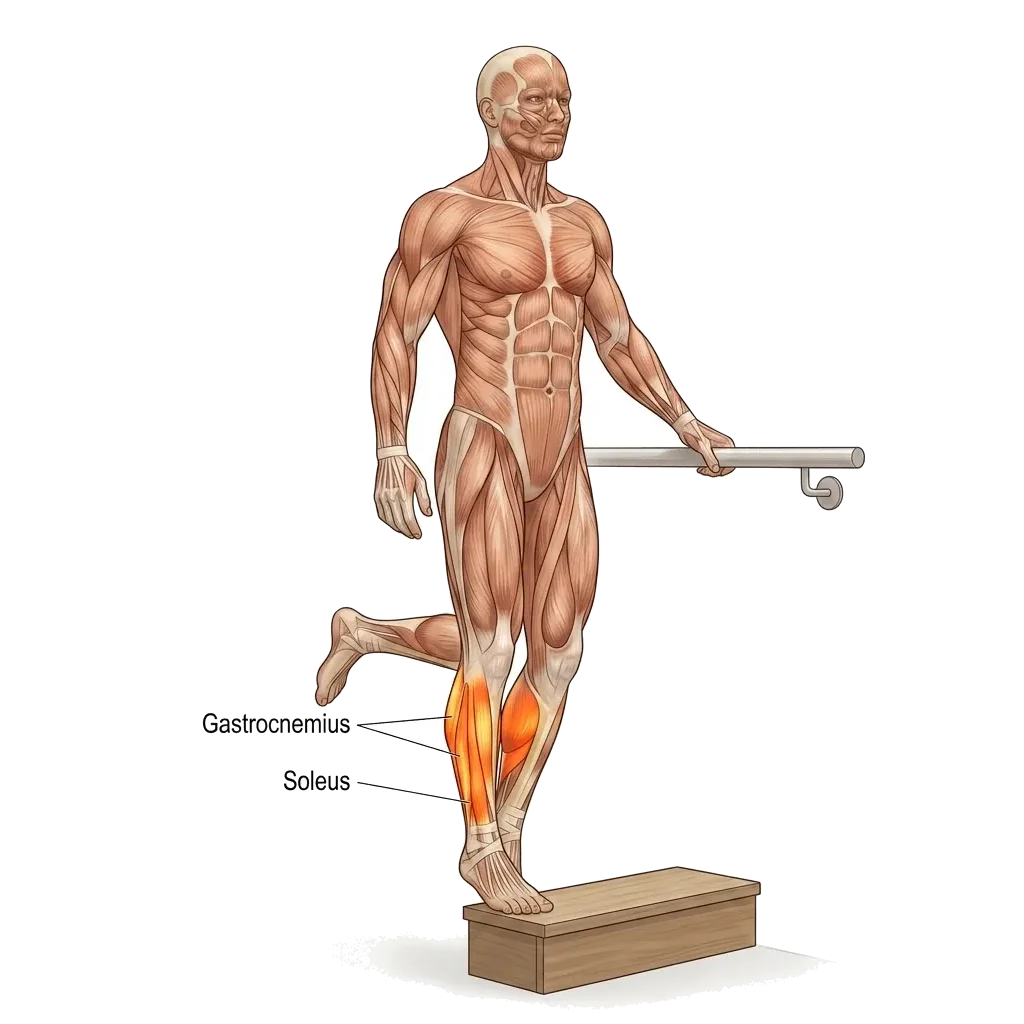 Single-leg calf raise (BW, full ROM, 3 s eccentric) 5-frame range-of-motion animation