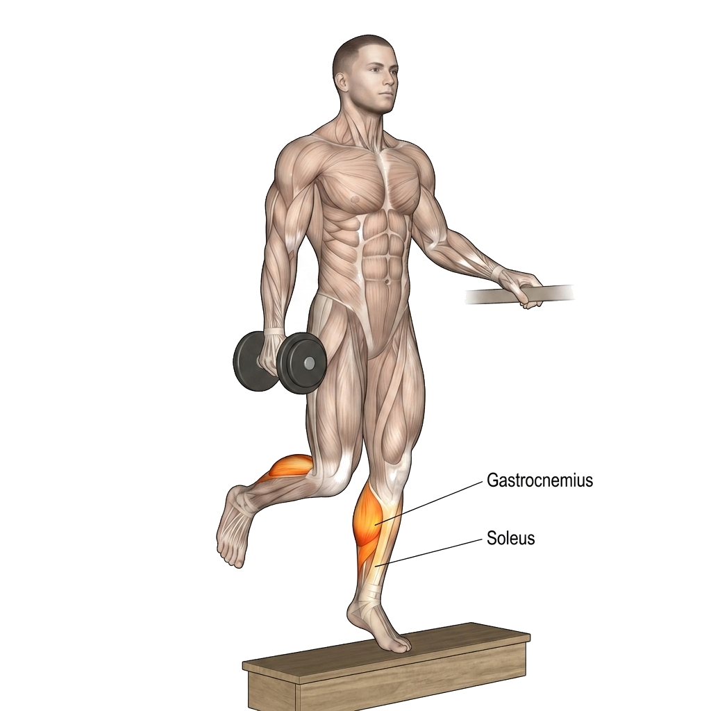 Single-leg DB calf raise (full ROM) anatomy diagram.