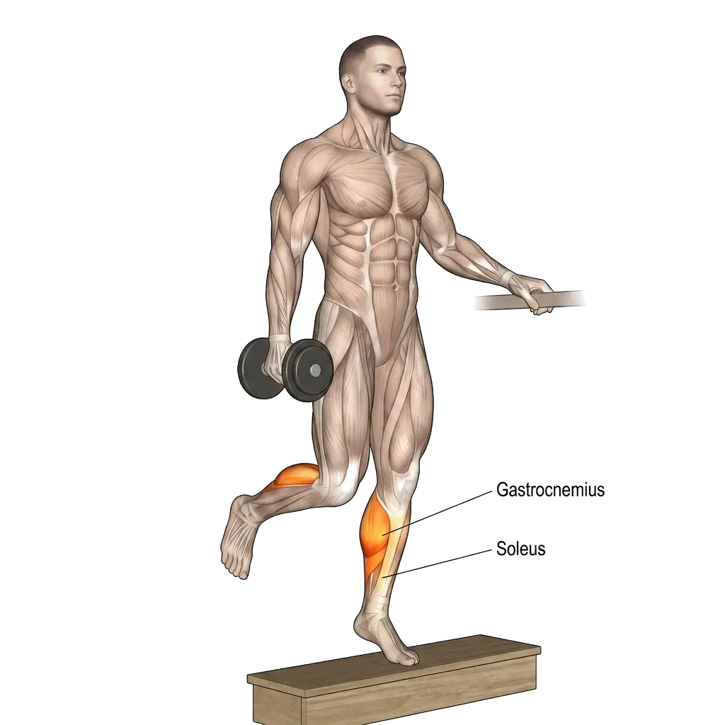 Single-leg DB calf raise (full ROM) 5-frame range-of-motion animation