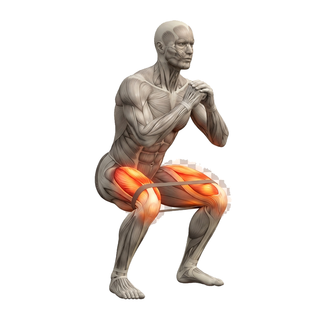 Spanish squat (band, knee-over-toe) anatomy diagram.