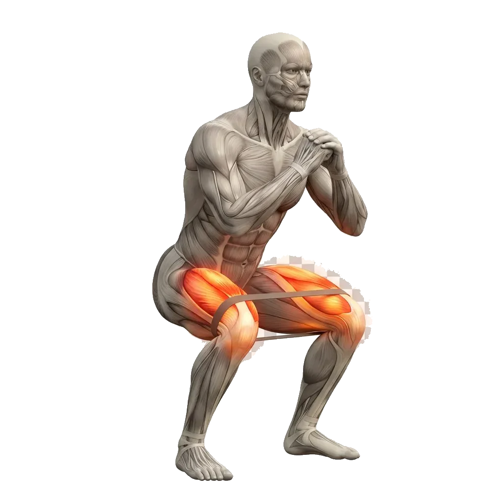 Spanish squat (band, knee-over-toe) 5-frame range-of-motion animation