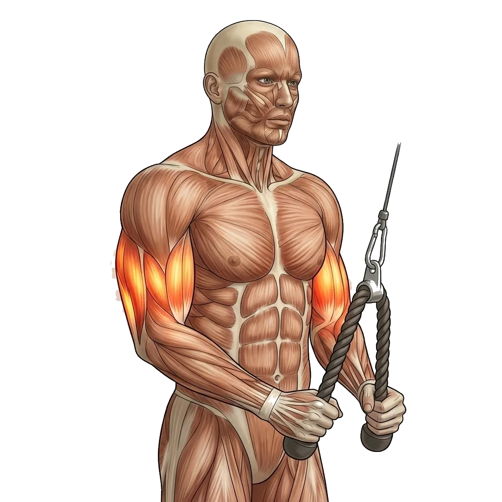 Rope tricep pushdown 5-frame range-of-motion animation