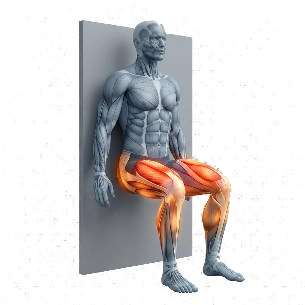 Wall sit (60–90 s isometric) anatomy diagram.