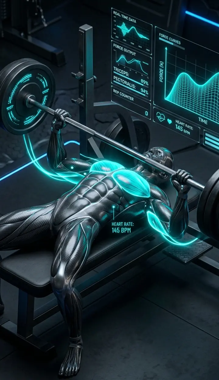 Exercise Atlas decorative bench press carbon anatomy cue image.