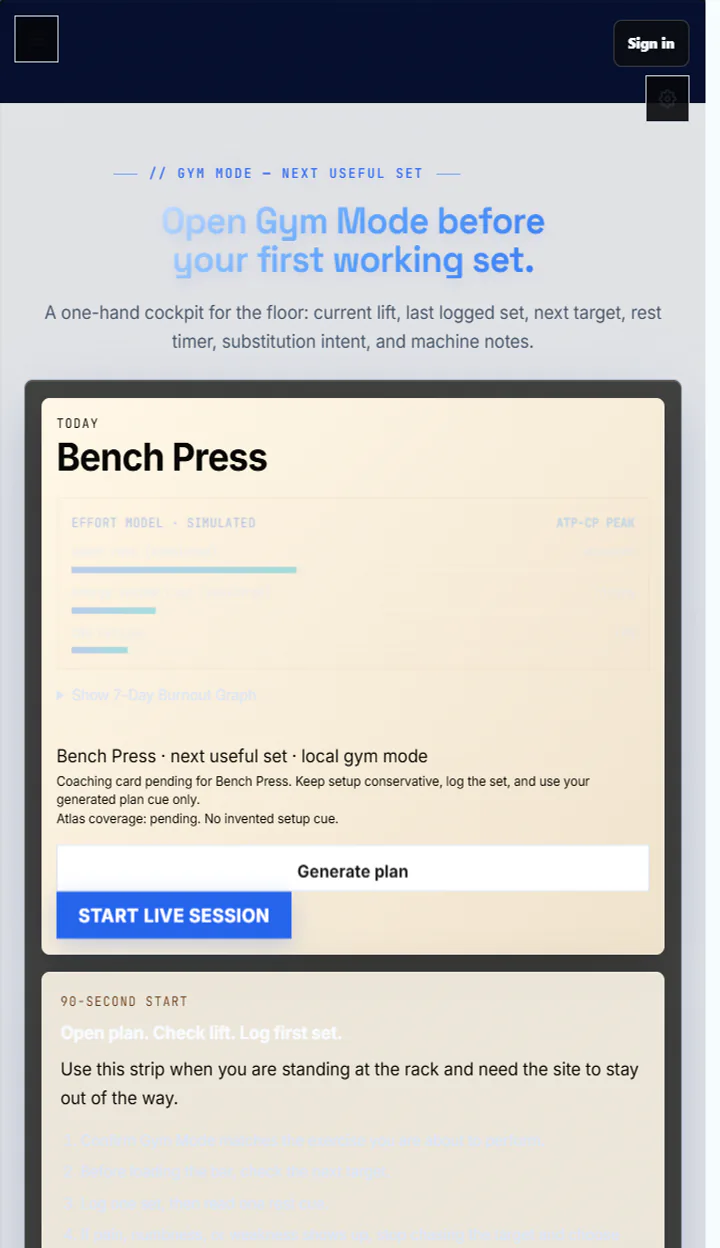 Gym Mode cockpit with next target, device check, set logger, notes, and trial receipt.