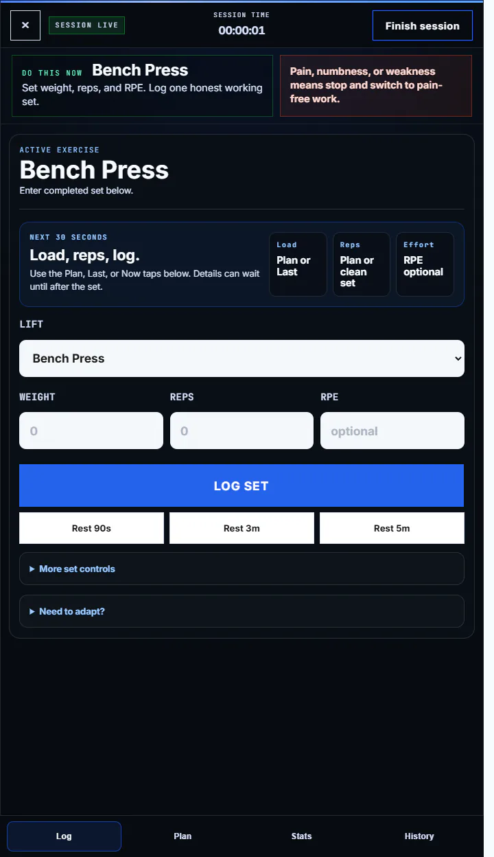 Gym Mode live session set logger optimized for one-hand logging.