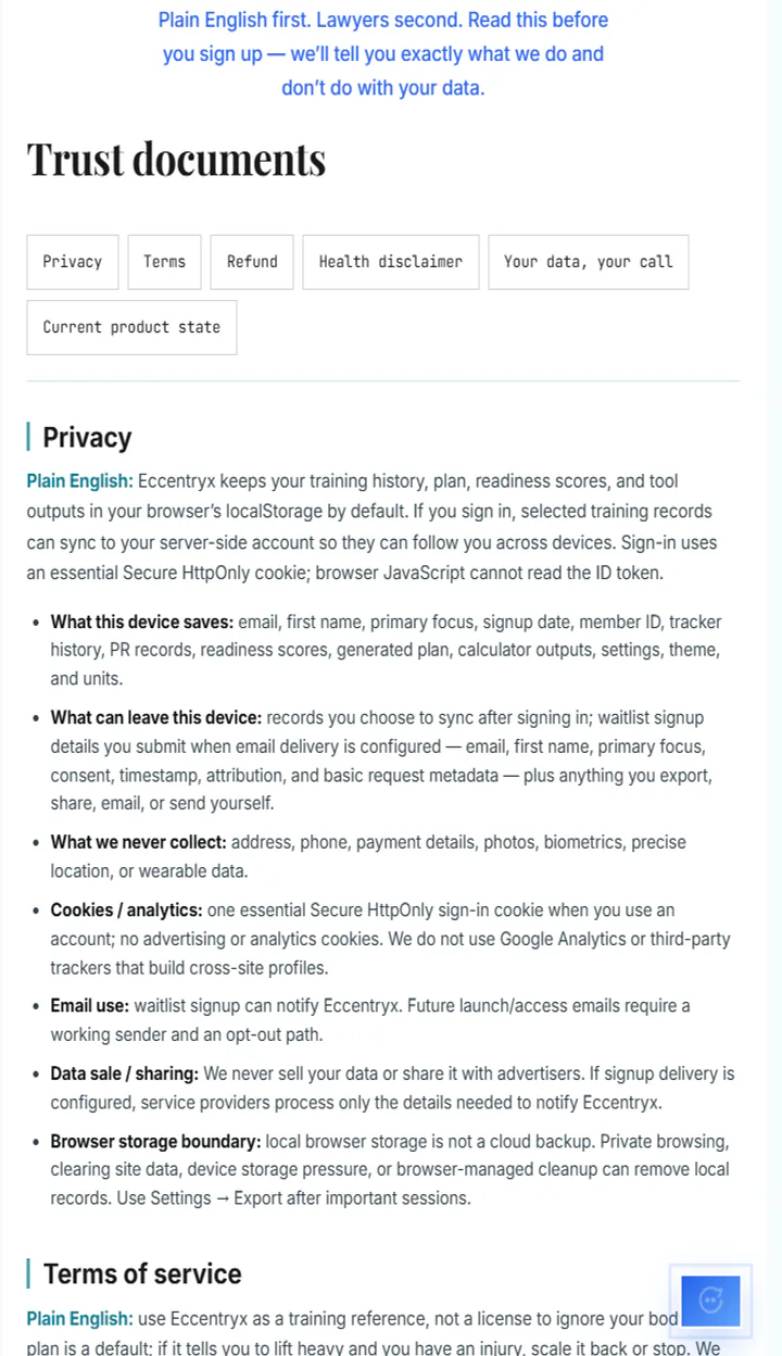 Eccentryx trust section and start card.