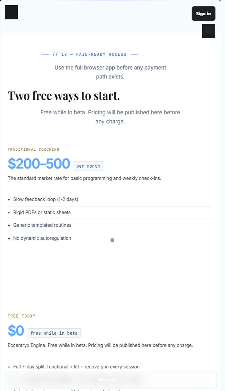 Eccentryx free access and paid readiness section.
