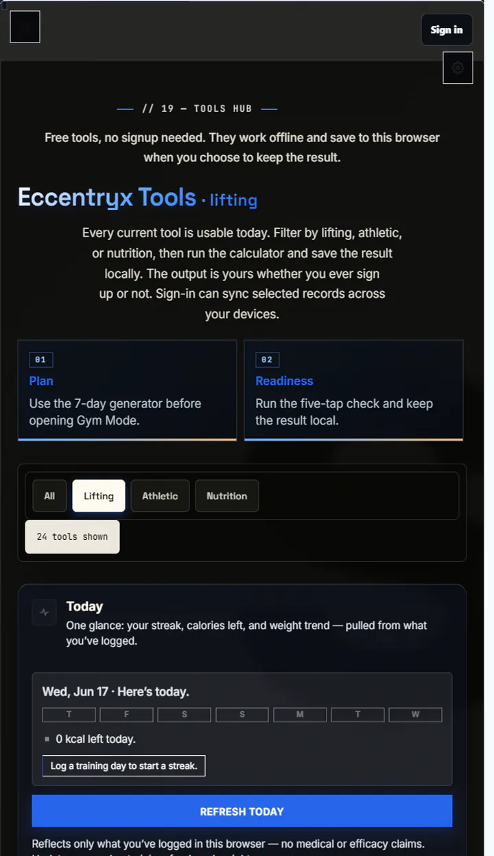 Eccentryx tools hub with calculator cards and category filters.